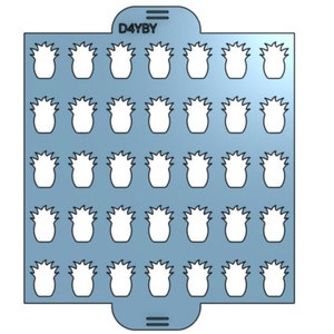 Może przedstawiać: Niebieski plastikowy szablon z tekstem "D4YBY" i siatką 35 kształtów ananasów.