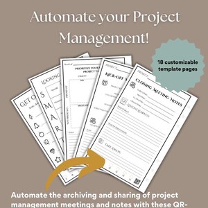 Op de afbeelding: Afdrukbare projectmanagement sjablonen met de tekst "Automate your Project Management!" en "18 aanpasbare templates." De sjablonen bevatten secties voor notities, prioritering en vergader samenvattingen. De afbeelding bevat ook de tekst "Automatiseer het archiveren en delen van projectmanagement vergaderingen en notities met deze QR-compatibele afdrukbare sjablonen!" en "Deel met Google Drive, Dropbox, OneNote, OneDrive, Trello, Slack, Box, Asana, todoist, e-mail en meer!"