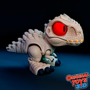 Puede incluir: Un juguete de dinosaurio beige claro con un diseño de piel texturizada, ojos rojos grandes y garras negras. El juguete tiene una fila de púas en la espalda y detalles amarillos en la boca. El logotipo "ORIGINAL TOYS 3.D" es visible en la esquina inferior derecha.
