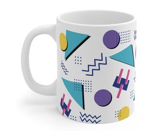 90's Throwback Colorful Geometric Mug: Unique 11oz Coffee Cup, Great for Home Office, Gift for Art Lovers, Birthdays, or Any Occasion