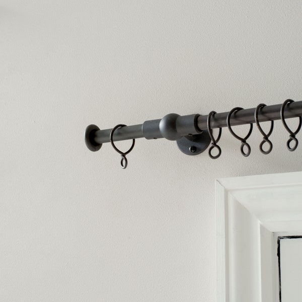 Jim Lawrence Ltd Curtain Pole, Black, Beeswax Finish, Button Finials, inc. Brackets and Rings.  Forged Iron.  Curtain Rail.  Curtain Rod.