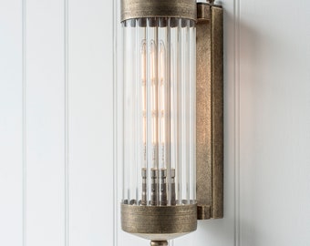 Jim Lawrence Ltd Cheltenham Bathroom Wall Light, Antiqued Brass, Fluted Glass, Wall Sconce, Vintage, Retro, Mid Century, IP44