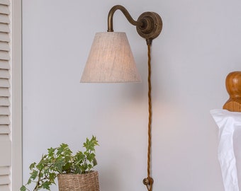 Jim Lawrence Ltd Carrick Plug-In Wall Light, Antiqued Brass, Fabric Shade, Wall Lamp, Wall Sconce, Task Light, Bedroom Light, Vintage, Retro