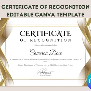 Certificate of Recognition Canva Template – Gold and White Minimalist ...