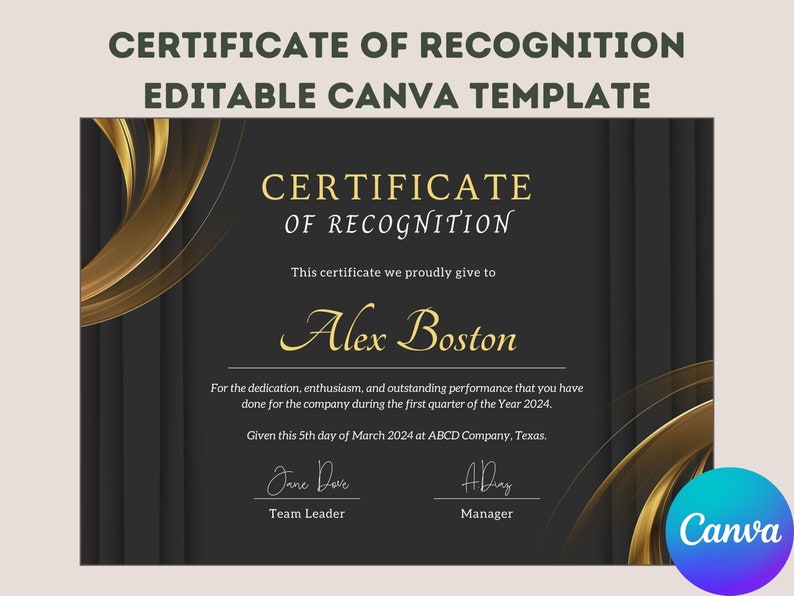 Certificate of Recognition Canva Template – Dark Gray and Gold ...