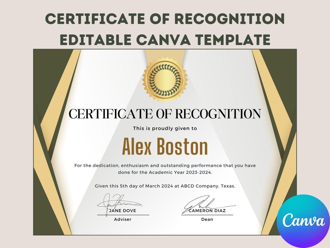 Certificate of Recognition Canva Template Moss Green and Gold ...