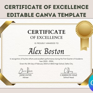Puede incluir: Un certificado de excelencia se otorga a Alex Boston por sus esfuerzos y rendimiento durante el primer trimestre del año académico 2025-2024. El certificado está firmado por Jane Dove, Asesora, y Cameron Diaz, Director de la Escuela.