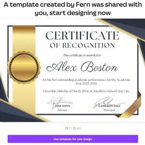 Certificate of Recognition Canva Template – Ash Blue and Gold ...