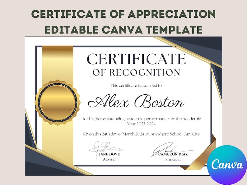 Certificate of Recognition Canva Template – Ash Blue and Gold ...