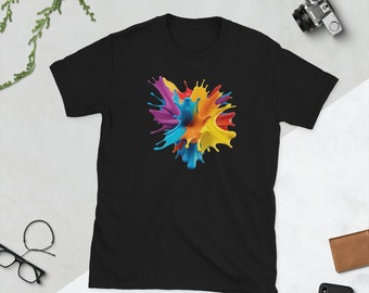 Farbspritzer-T-Shirt, Unisex-T-Shirt, künstlerisch, Farbe, Farb-T-Shirt, fantastisch, mehrfarbig, Spritzer, unvergesslich, Vorder- und Rückseite