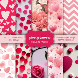 May include: A set of 10 digital papers featuring pink and white heart patterns, floral designs, and geometric shapes. The papers are 12 inches by 12 inches and 3600 pixels by 3600 pixels. They are 300 dpi. The papers are seamless and can be used for a variety of projects.