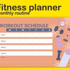 Puede incluir: Un planificador de fitness imprimible de color melocotón con un programa de entrenamiento semanal. El planificador tiene una cuadrícula con columnas para cada día de la semana y filas para cada semana del mes. El planificador está decorado con ilustraciones de temática fitness, incluyendo pesas, una botella de agua y una esterilla de yoga.