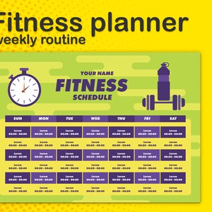 Puede incluir: Un planificador de fitness con fondo verde y borde amarillo. El planificador presenta un cronómetro, una botella de agua y un gráfico de mancuernas. El texto "Fitness planner weekly routine" está en la parte superior. Tiene un horario semanal.