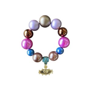 Chunky Bead Bracelet with Evil Eye Charm: Colorful Statement Jewelry