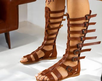 Faux Leather Gladiator Sandals, Boho Strappy Sandals for Women, Summer Flat Sandals, Vegan Leather Roman Sandals, Festival Footwear