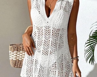 White Crochet Beach Cover Up Dress – Sleeveless Swimsuit Cover Up with Collar, Lightweight Boho Summer Tunic for Vacation & Resort