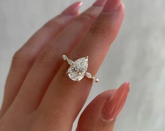 1.98 Ct Pear Shaped Moissanite Engagement Ring, Pear Solitaire Ring With Marquise Accent Ring, Invisible Hidden Halo Moissanite Ring