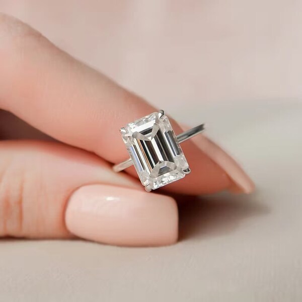 3CT Colorless Moissanite Emerald Cut Hidden Halo Engagement Ring, Wedding Proposal Ring, Promise Ring, Daily Wear Ring For Women 925 Silver