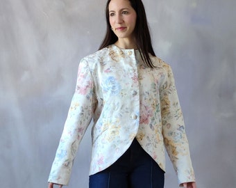 Vintage pastel brocade evening jacket 2000s floral satin women blazer Vintage old money aesthetic jacket elegant straight jacket M