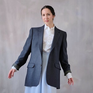Pierre Cardin pure wool women blazer, blue pinstripe blazer vintage 80s jacket, striped women wool jacket, pure wool womens suit, wool suit