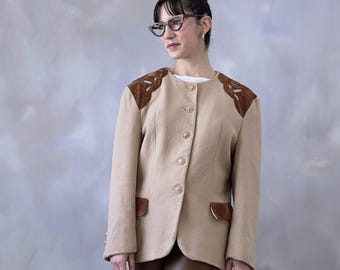 Vintage 90s L Beige Blazer Linen Look Single Breasted Gold
