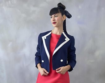 Vintage blue nautical jacket, 1970s navy blue cropped straight sailor jacket with white buttons and hems, Vintage double breasted blazer - S
