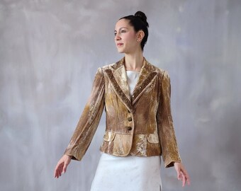 Vintage Seidensamt Blazer, Bronze Perlen Jacke, goldene Samtjacke, Pailletten Hausjacke für Frauen, braune Frauen eleganter Blazer