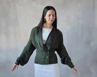 Silky 80s evening jacket, Hunter green Tailored Jacket, Olive green vintage satin jacket, green dinner jacket, satin vintage blazer for woma