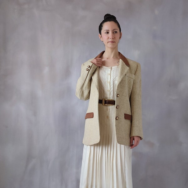 Vintage Wolle Creme Jacke, Frauen Wolle Jacke, Karo Blazer für Frauen, Cottagecore braun Anzug Blazer, Tweed Anzug, Vintage Anzug