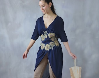 Vintage blue and gold embroidered blouse, 70s asymmetric long floral formal wedding guest blouse, Dark blue elegant resort summer top - S/M