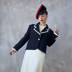 Vintage midnight blue wool jacket, Classic 80s straight nautical blue pure wool jacket with cream trims, Elegant vintage deep blue blazer -M