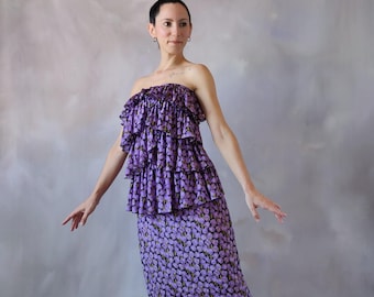 Vintage purple ruffled cocktail dress, 80s silk lilac floral print summer resort midi dress, Vintage island luxury strapless dress - S/M