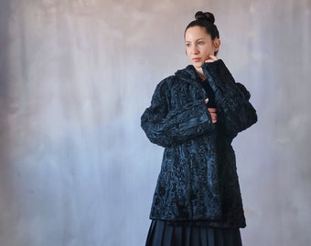 Black Persian Lamb coat, Astrakhan black fur coat, old money jacket fur coat women, vintage fur coat Astrakhan coat, persian lamb black pelt