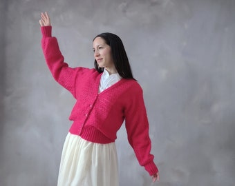 Strickjacke aus rubinroter Wolle, rosa Strickpullover aus Angora, Vintage-Strickjacke aus Mohair aus den 70er Jahren, fuchsiafarbener Wollpullover, Strickwaren aus reiner Wolle, rosa Wolle