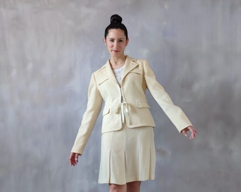 Cream wool skirt suit women, ivory bridal suit for a casual wedding dress, virgin wool two piece set, pleated skirt suit, white suit women