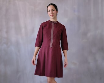 Vintage 60s burgundy dress, 1960s maroon mini dress, school secretary outfit, day coquette dress, pleated skirt, linen dress, 60s mod dress