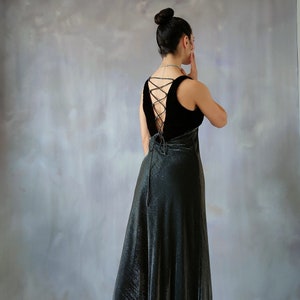 Vintage Metallic Silver Gown: 90s Velvet Corset Back Prom Dress (XS)