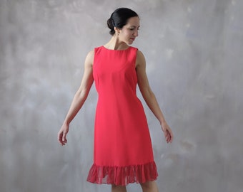 Sheath red mini dress, vintage red ruffled dress, homecoming red spring dress, garden party summer midi dress, casual wedding guest dress