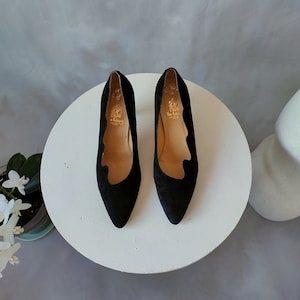 Waves 1980s black heels, stiletto wedding guest shoes, Vintage pumps black suede shoes, christmas handmade shoes, black leather shoes women