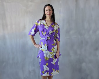 Floral purple wedding guest dress, purple cocktail dress, floral spring dress, satin garden party dress, sash dress, summer satin midi dress