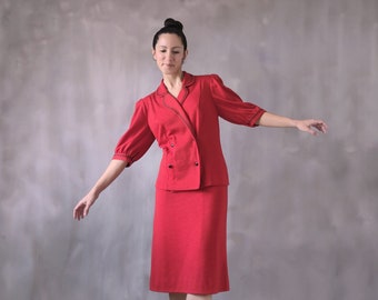 Vintage red wool skirt suit, 80s black polka dot literary office womens  suit set, 80s Red double breasted librarian midi two piece suit M