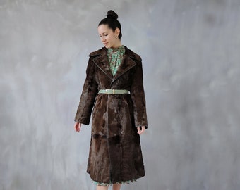 Brown fur cowhide coat, Brown afghan penny lane coat, vintage fur coat woman 70s leather coat, Long coat leather trench coat, fur overcoat