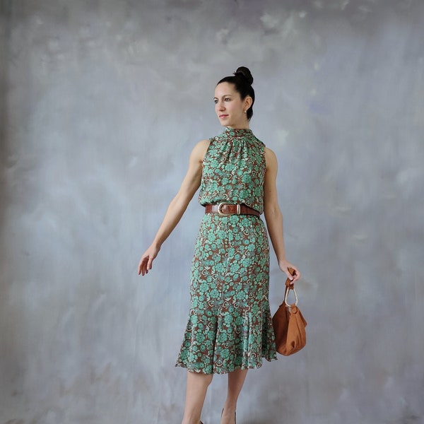 AGNONA brand floral silk dress, silk green midi dress, halter trumpet dress, midi formal wedding guest dress, green floral spring dress