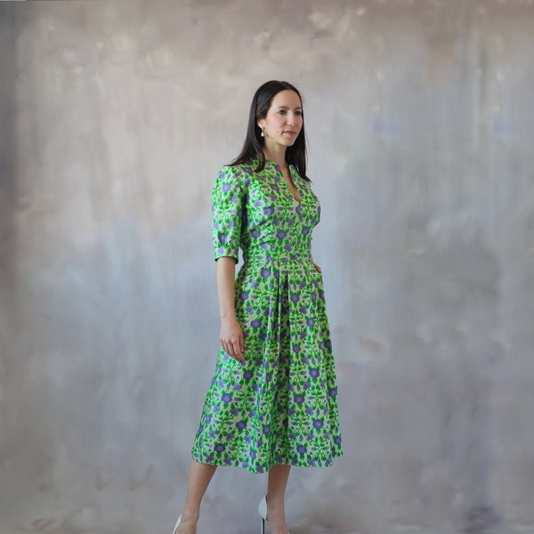 Lavender flowers green midi dress, Purple floral wedding guest dress, Pleated skirt vintage spring dress, Green floral cocktail dress