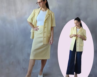 Vintage 80s Pastel Yellow Knit Skirt Suit - Size XL