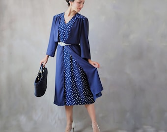 Vintage Pronovias Polka Dot Dress: 80s Navy Blue Midi, Nautical Style - M/L