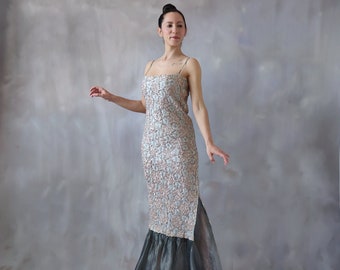 Vintage Silver Embroidered Sequin Ball Gown with Organza Fishtail, Vintage gray trumpet prom evening dress for a wedding guest - XS - S