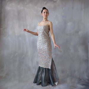 Vintage silver beaded trumpet prom ball gown, vintage sequin embroidered siren evening dress for a wedding guest - S