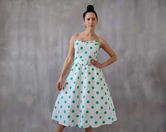 Green and white polka dots swing dress for women, white strapless vintage corset dress, polka dots tea length dress, Rockabilly dress size L