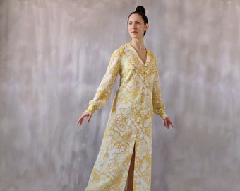 Paisley chiffon kaftan with rhinestones, Yellow evening gown, chiffon caftan with jewel buttons, art noveau print dress, Wedding guest dress